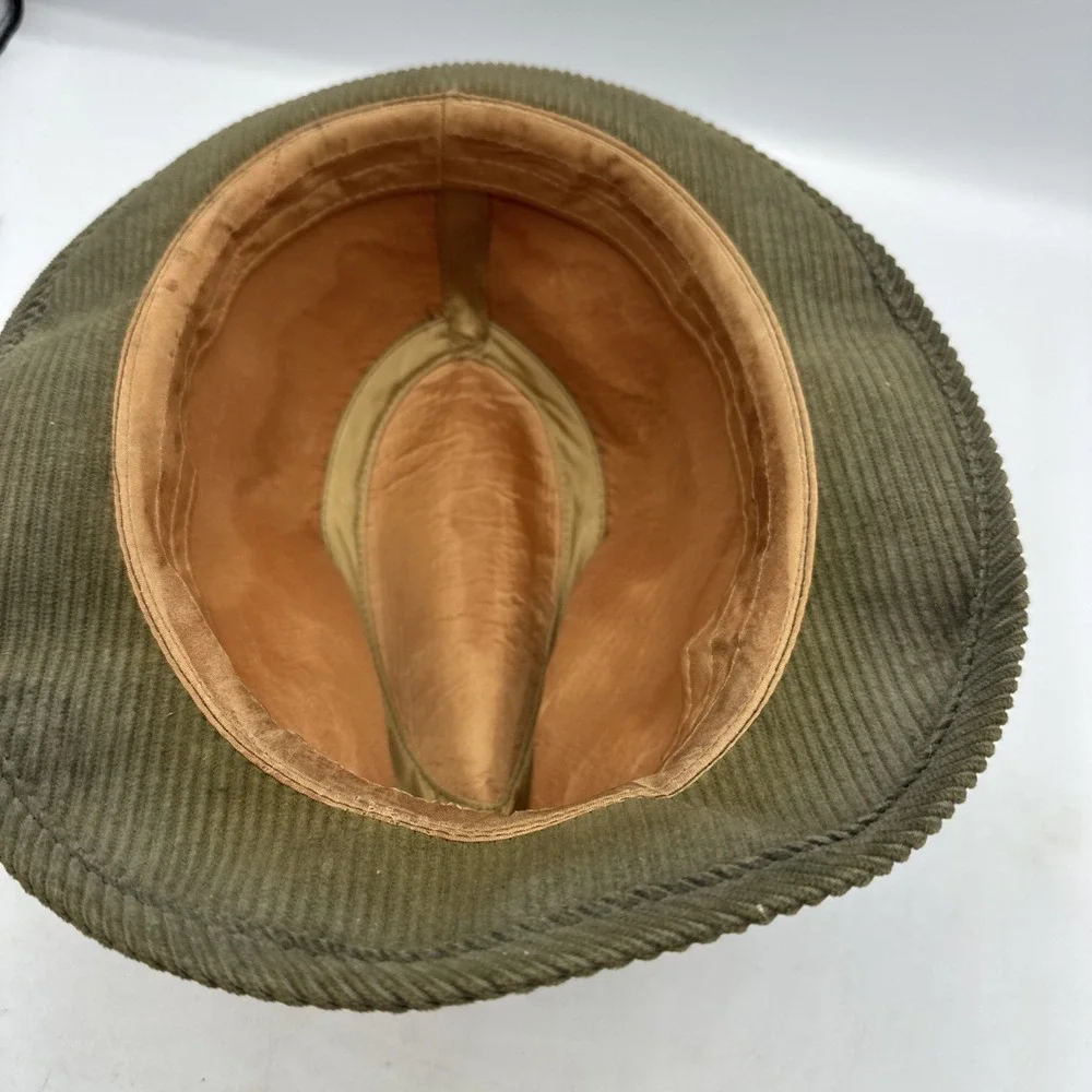 Olive Green Corduroy Fedora Hat Feather Accent Union Made Mens Hat Vintage